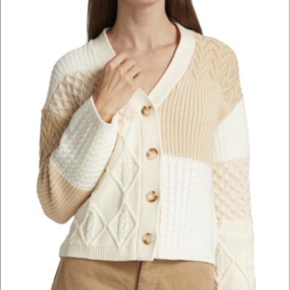 Rails Reese V Neck Cream Patchwork Cable Cotton Blend Cardigan Sweater - Picture 1 of 16